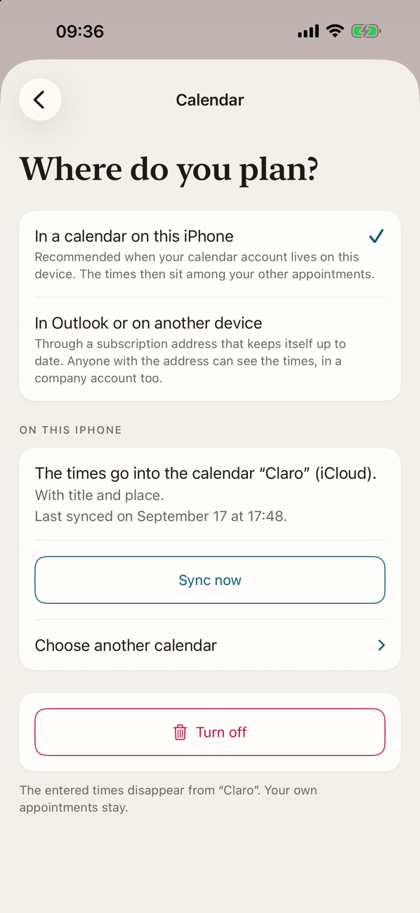 The Calendar screen in the app: Where do you plan? In a calendar on this iPhone, or in Outlook or on another device through a subscription address that keeps itself up to date.