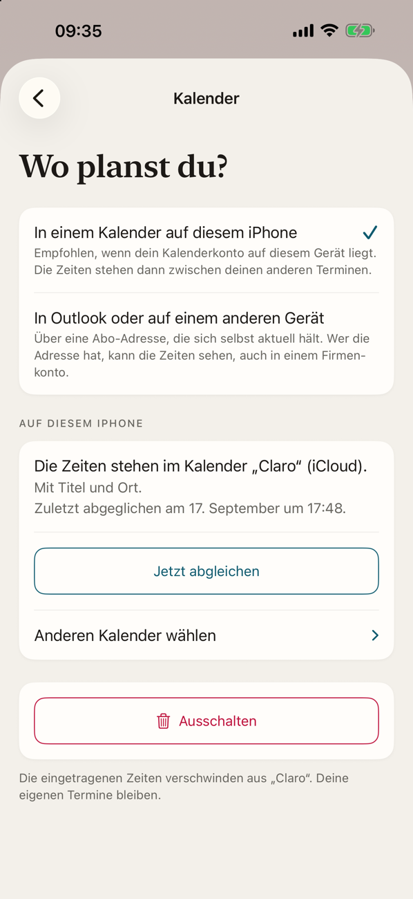 Bildschirm Kalender aus der App: Wo planst du? In einem Kalender auf diesem iPhone oder in Outlook über eine Abo-Adresse, die sich selbst aktuell hält.